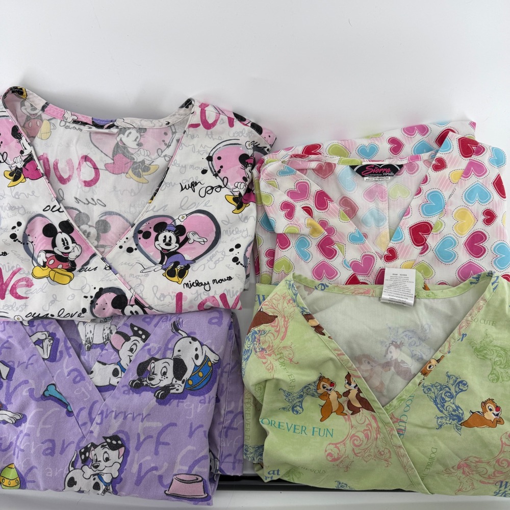 Disney Scrub Tops Bundle Mickey Minnie 101 Dalmatians Chip n Dale Hearts 4 Piece